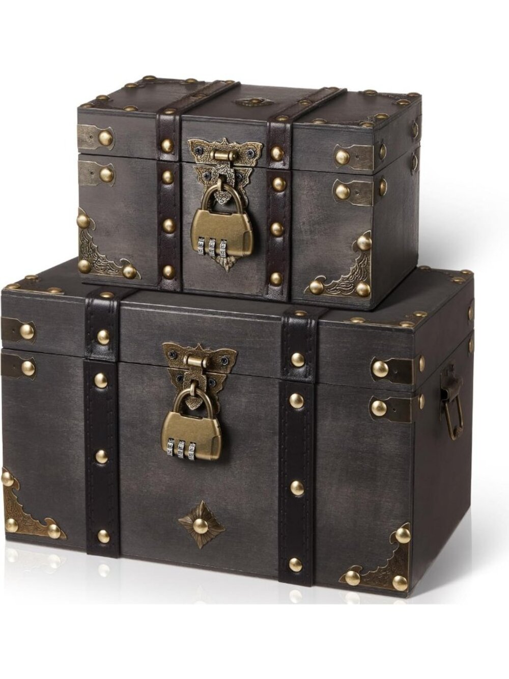 Vintage Grey Wooden Treasure Chest Set with Combination Lock - Unique Storage